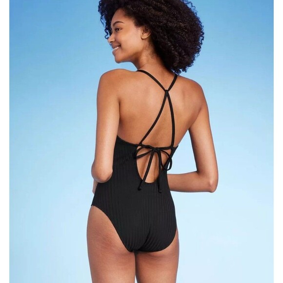 NWT Shade & Shore Black Ribbed Bead Knot Detail One Piece Swimsuit - Picture 2 of 3